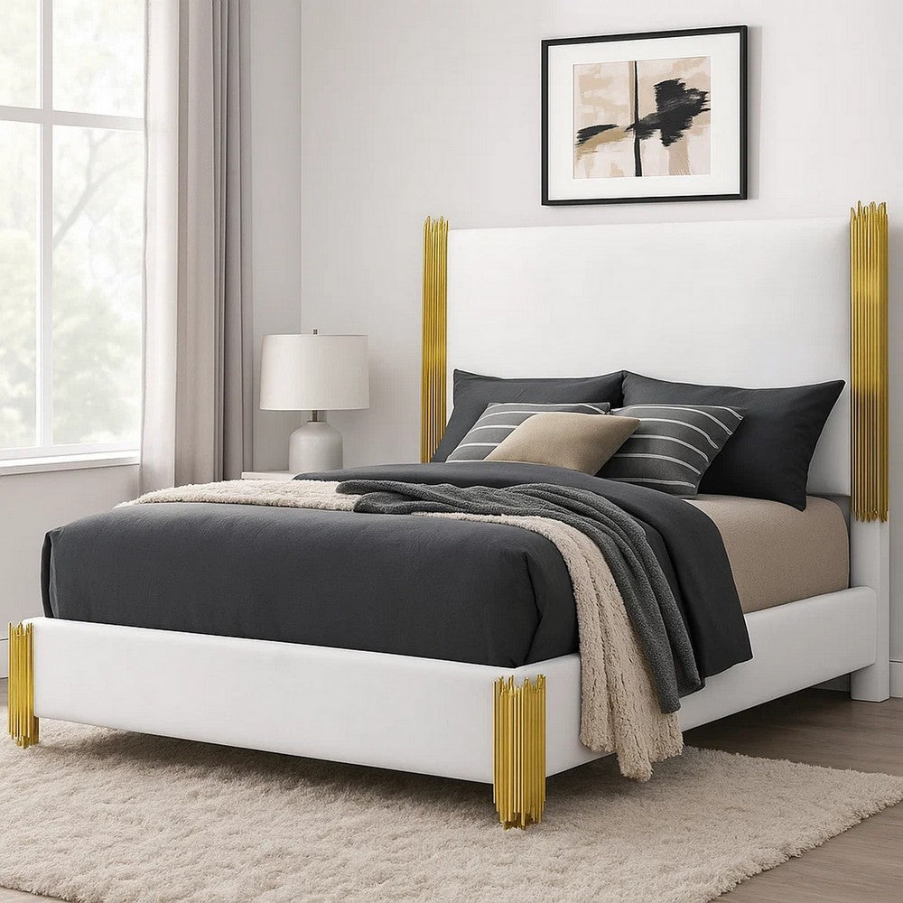 Benjara Dyl Queen Bed, Soft Foam Upholstered, White Fabric, Gold Accent Posts