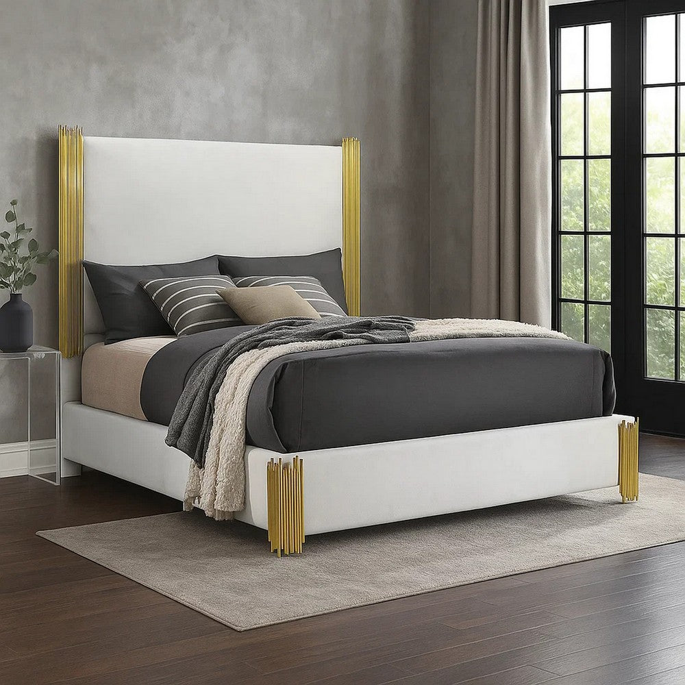 Benjara Dyl Queen Bed, Soft Foam Upholstered, White Fabric, Gold Accent Posts