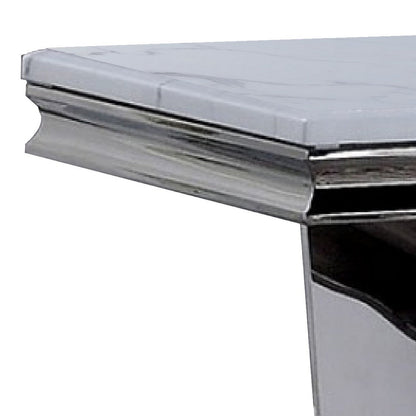 Benjara Vily Side End Table, 24 Inch Faux Marble Top, V-Style Chrome Pedestal