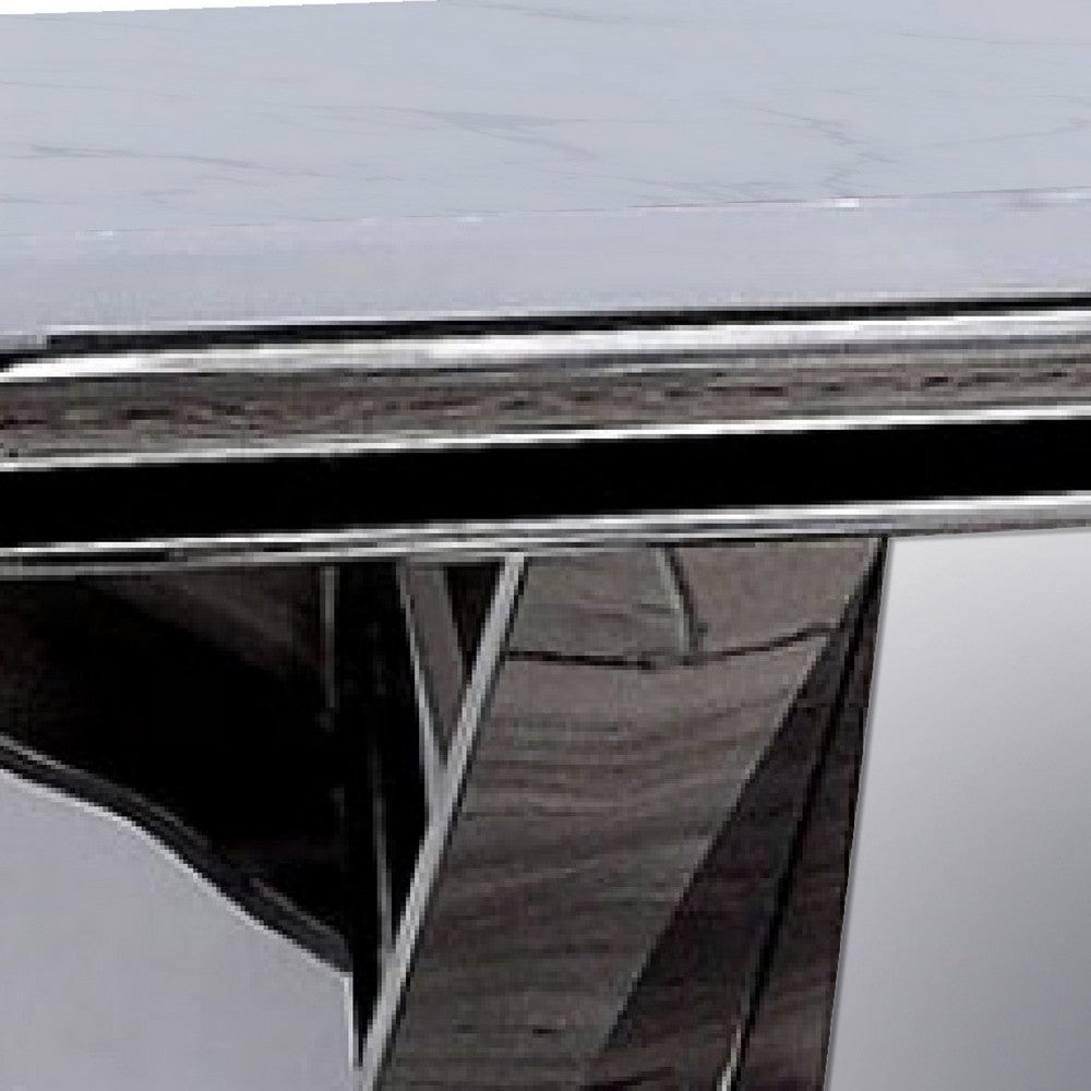 Benjara Vily Side End Table, 24 Inch Faux Marble Top, V-Style Chrome Pedestal