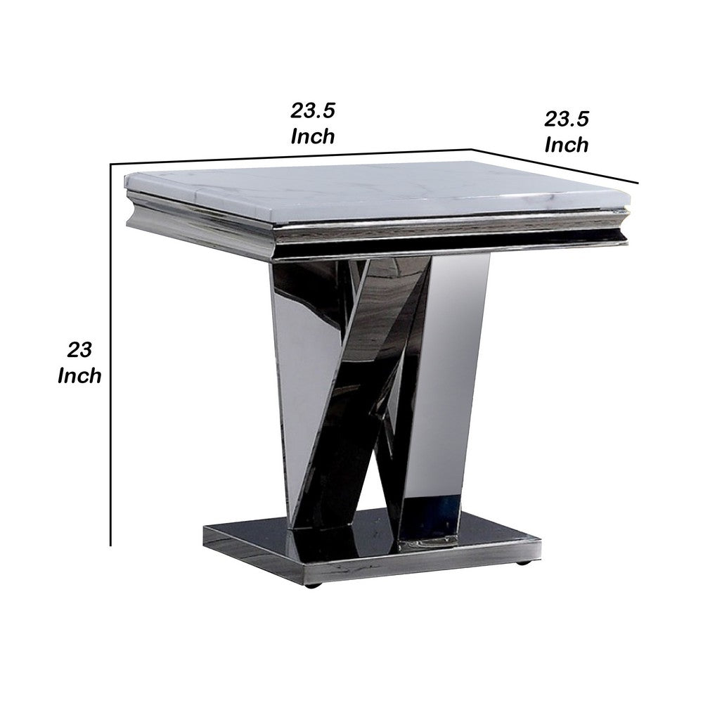 Benjara Vily Side End Table, 24 Inch Faux Marble Top, V-Style Chrome Pedestal
