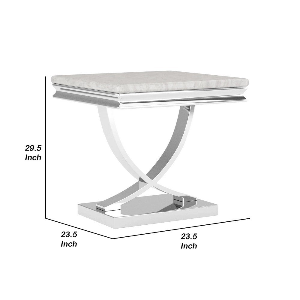 Benjara Wety Side End Table, 24 Inch Faux Marble Top, Curved Chrome Pedestal