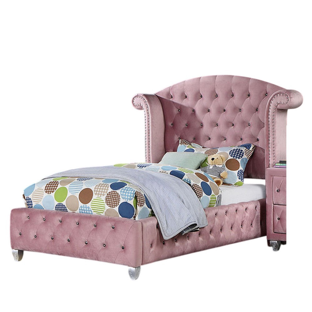 Benjara Zoha Twin Size Bed w Wingback Tufted Headboard, Cabriole Legs, Pink