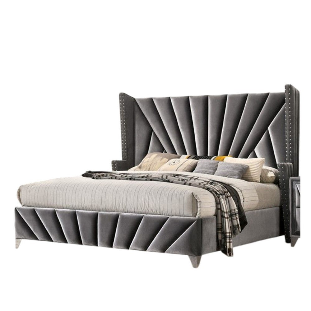 Benjara Ino Queen Size Bed w Wingback Headboard, Gray Fabric Upholstery