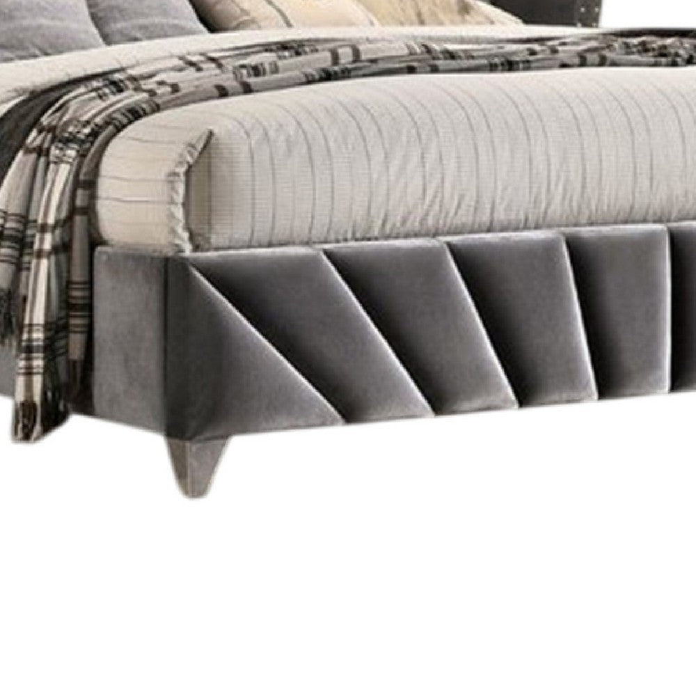 Benjara Ino Queen Size Bed w Wingback Headboard, Gray Fabric Upholstery