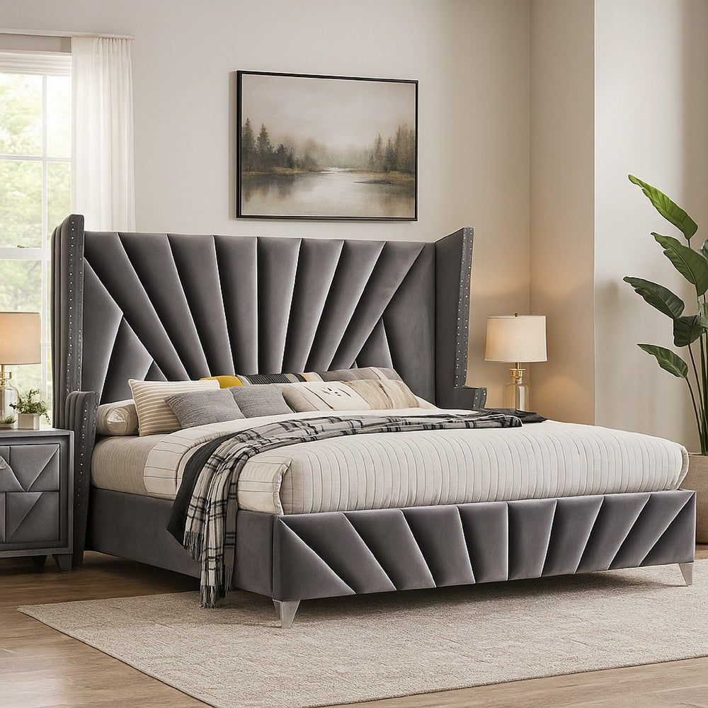 Benjara Ino Queen Size Bed w Wingback Headboard, Gray Fabric Upholstery