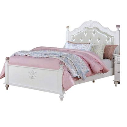 Benjara Bela Twin Size Bed w Button Tufted Headboard, White Faux Leather