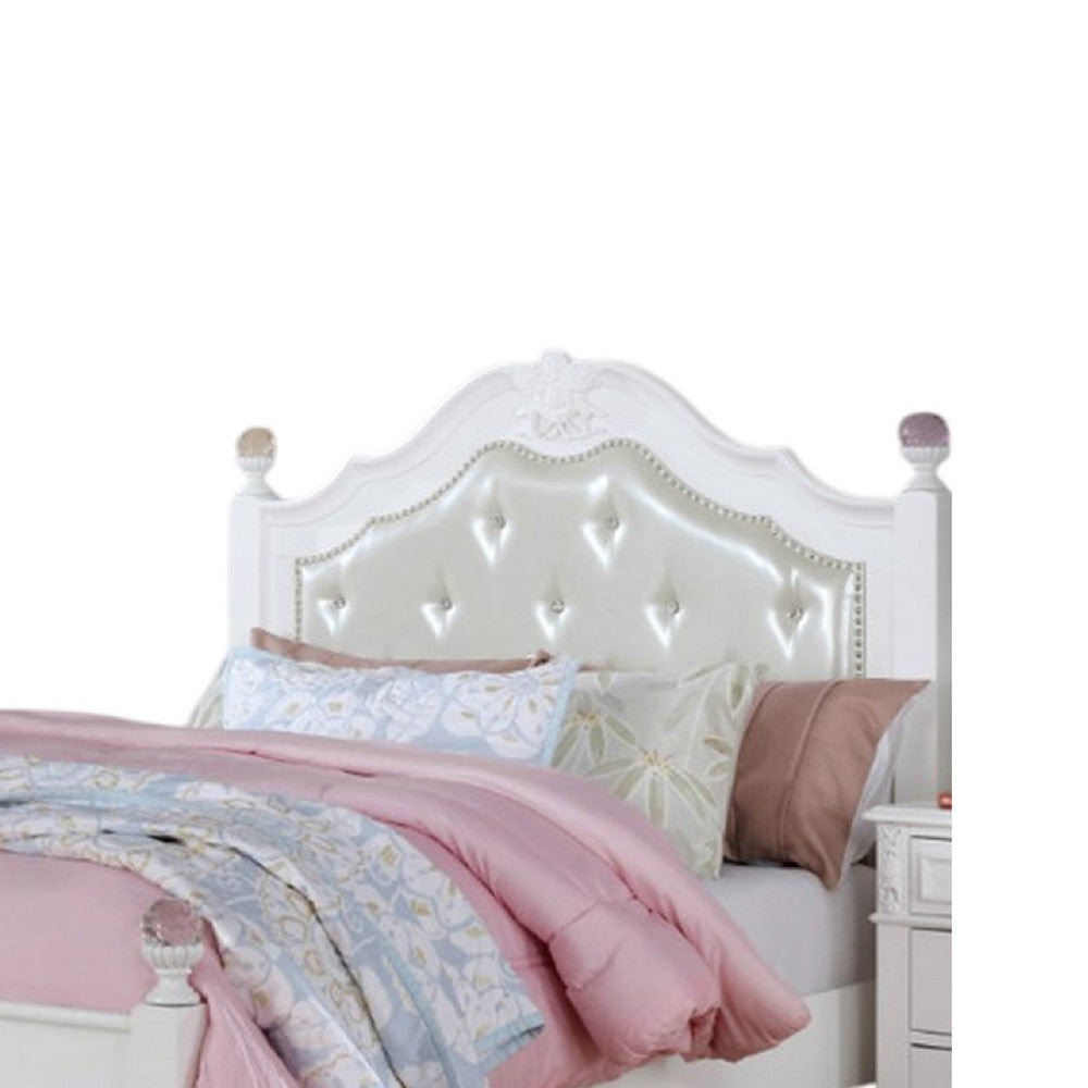 Benjara Bela Twin Size Bed w Button Tufted Headboard, White Faux Leather