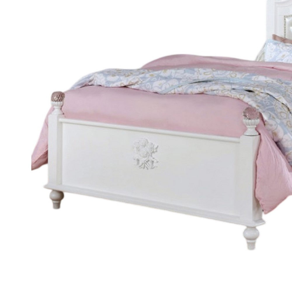 Benjara Bela Twin Size Bed w Button Tufted Headboard, White Faux Leather