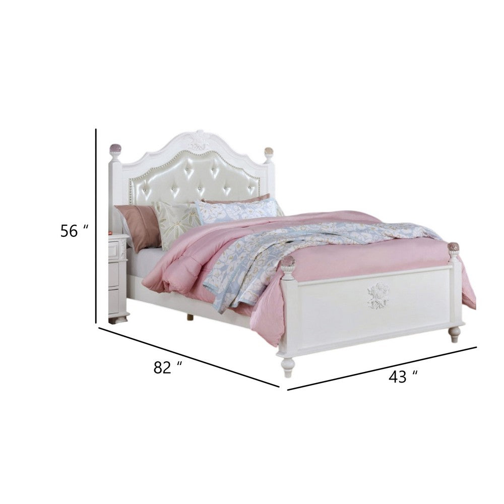 Benjara Bela Twin Size Bed w Button Tufted Headboard, White Faux Leather