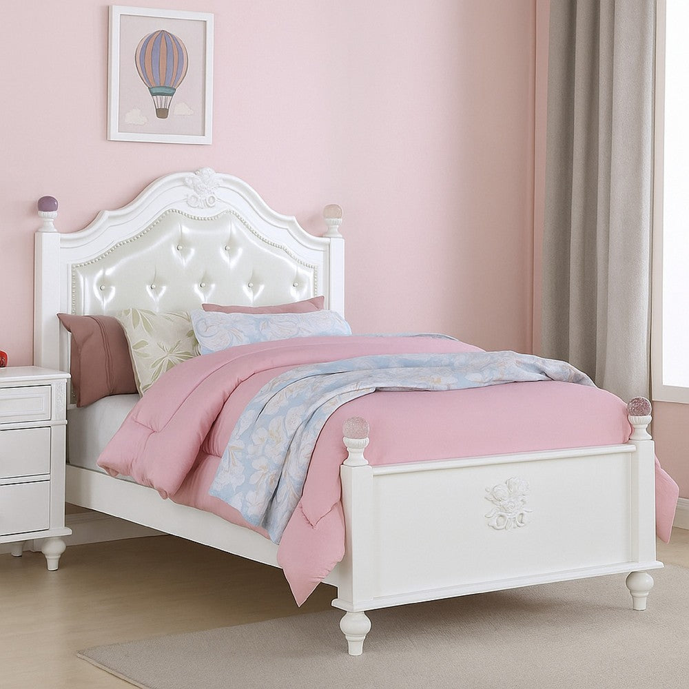 Benjara Bela Twin Size Bed w Button Tufted Headboard, White Faux Leather