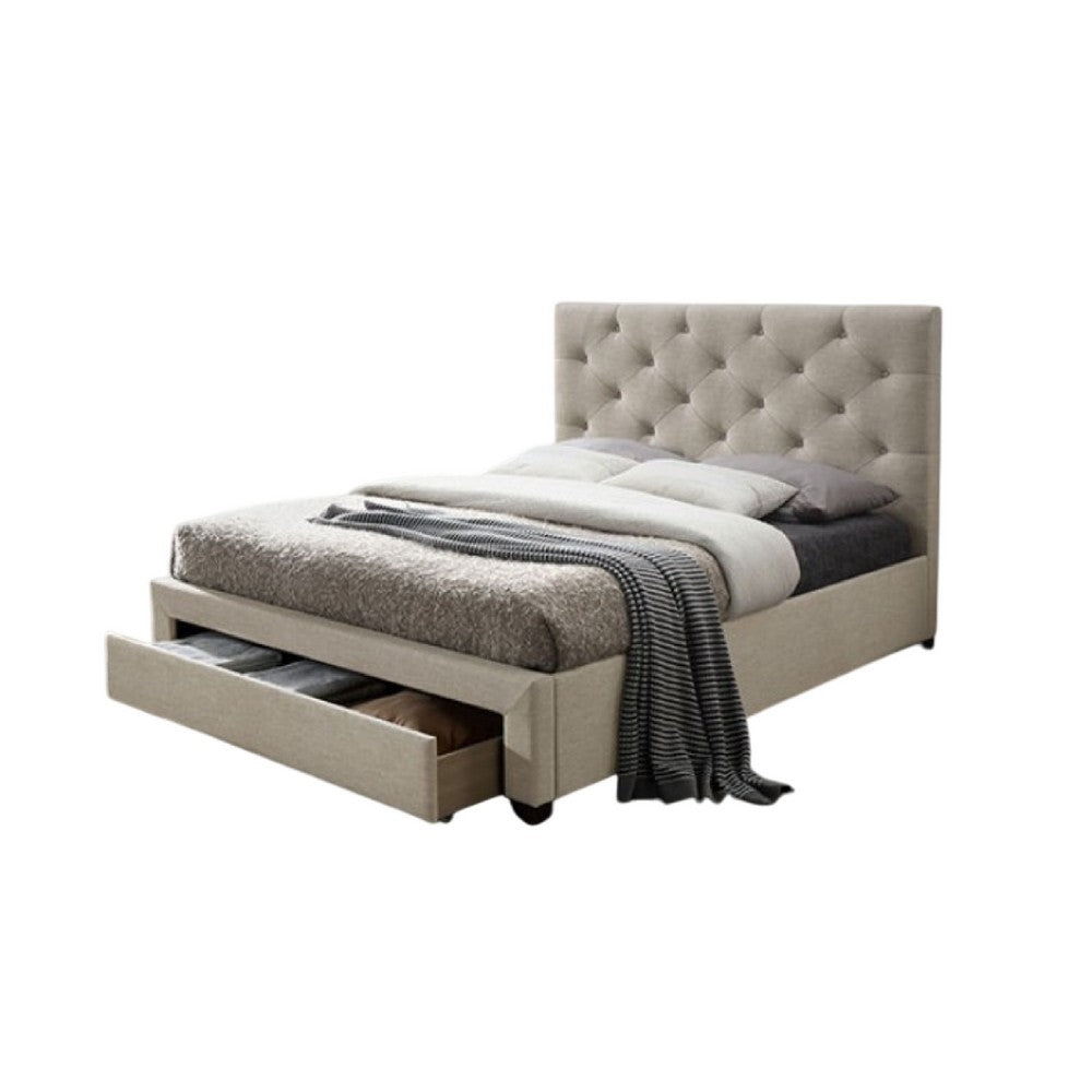 Benjara Sya Full Size Bed w Button Tufted Upholstery, Underbed Storage, Beige