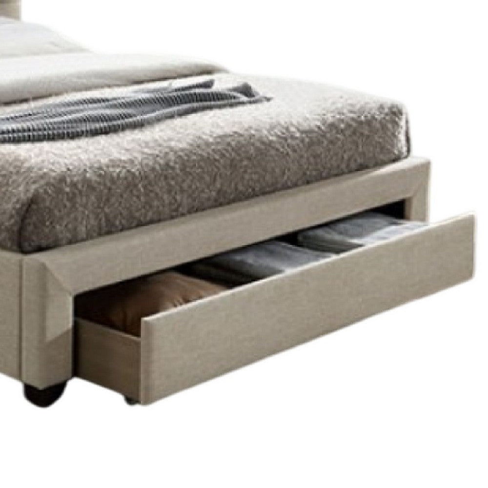Benjara Sya Full Size Bed w Button Tufted Upholstery, Underbed Storage, Beige