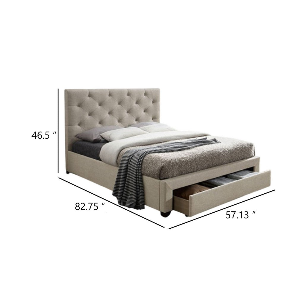 Benjara Sya Full Size Bed w Button Tufted Upholstery, Underbed Storage, Beige