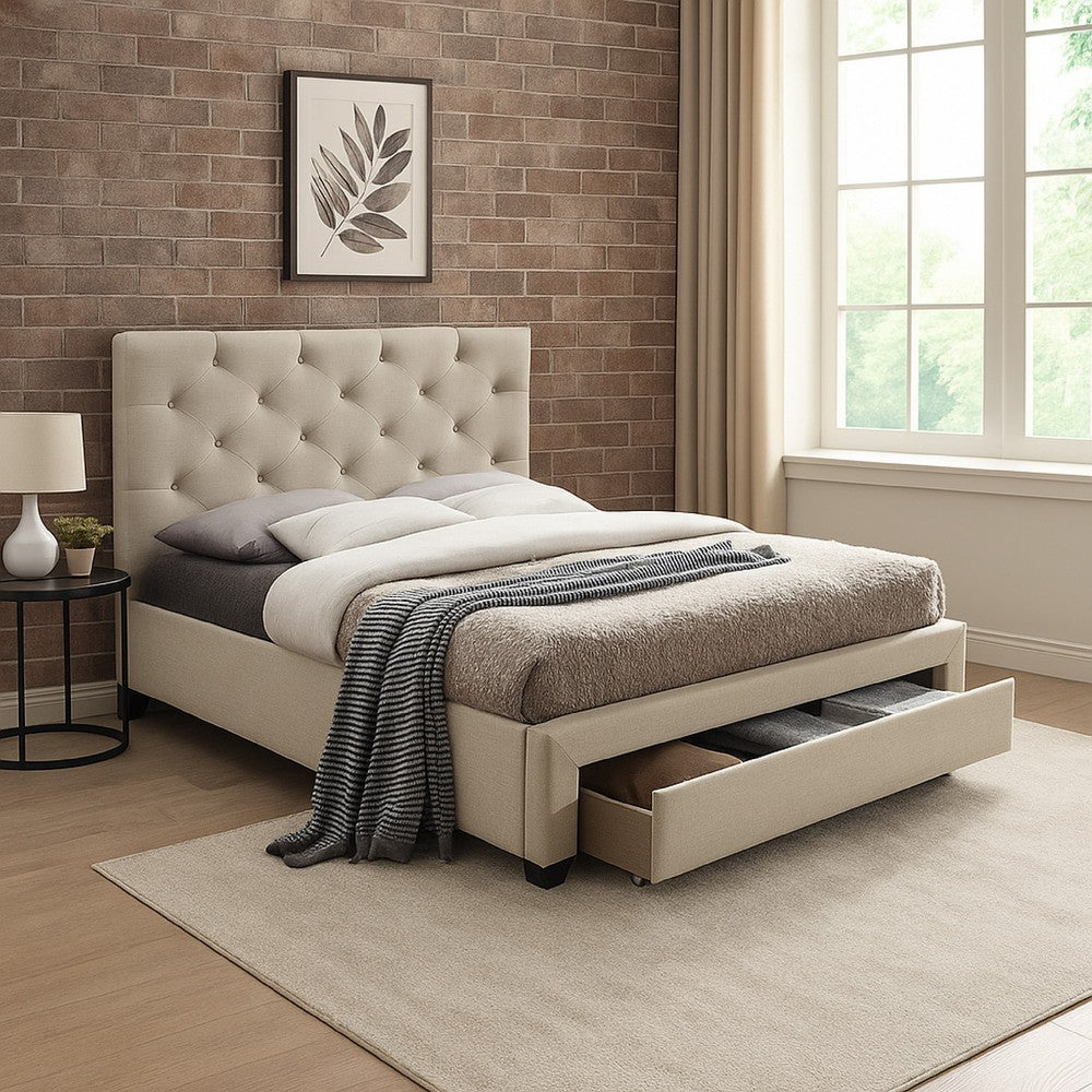 Benjara Sya Full Size Bed w Button Tufted Upholstery, Underbed Storage, Beige