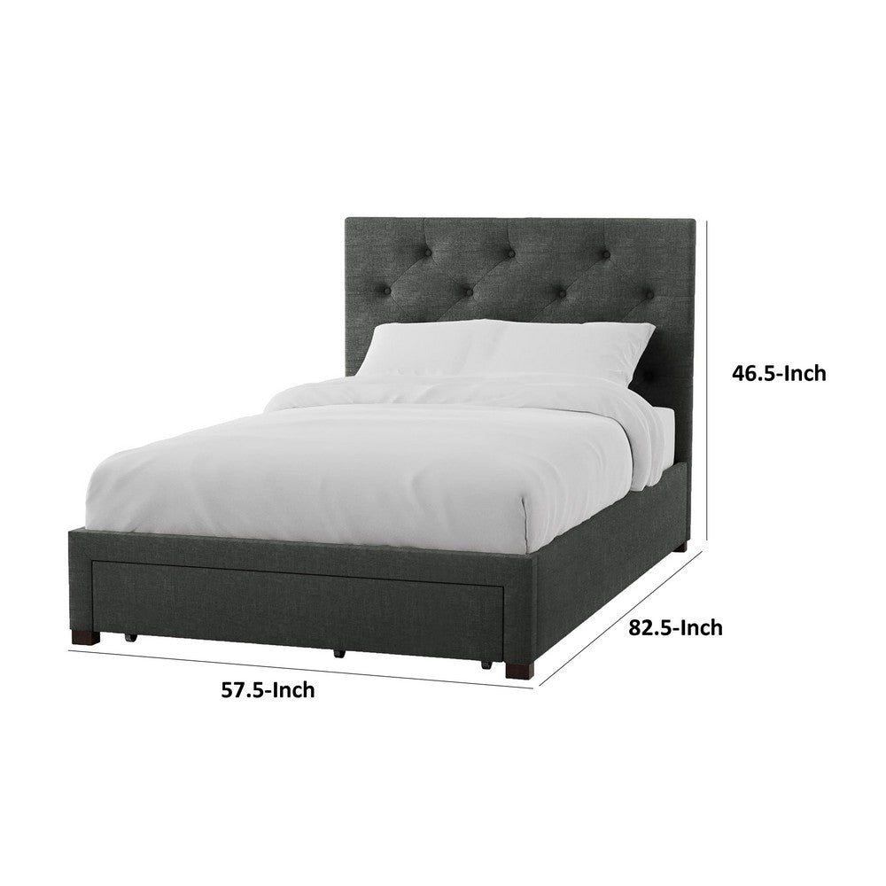 Benjara Sya Full Size Bed w Tufted Headboard, Underbed Storage, Dark Gray