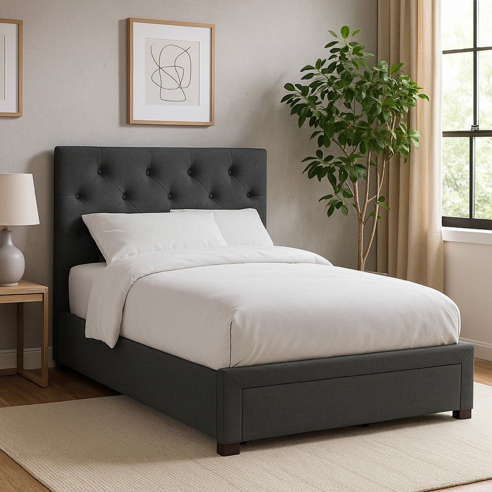 Benjara Sya Full Size Bed w Tufted Headboard, Underbed Storage, Dark Gray