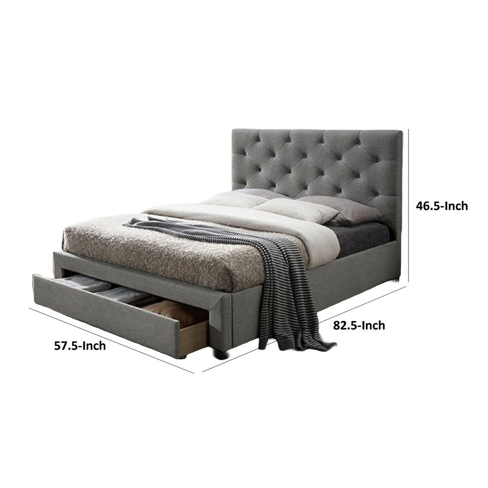 Benjara Sya Full Size Bed w Button Tufted Upholstery, Underbed Storage, Gray