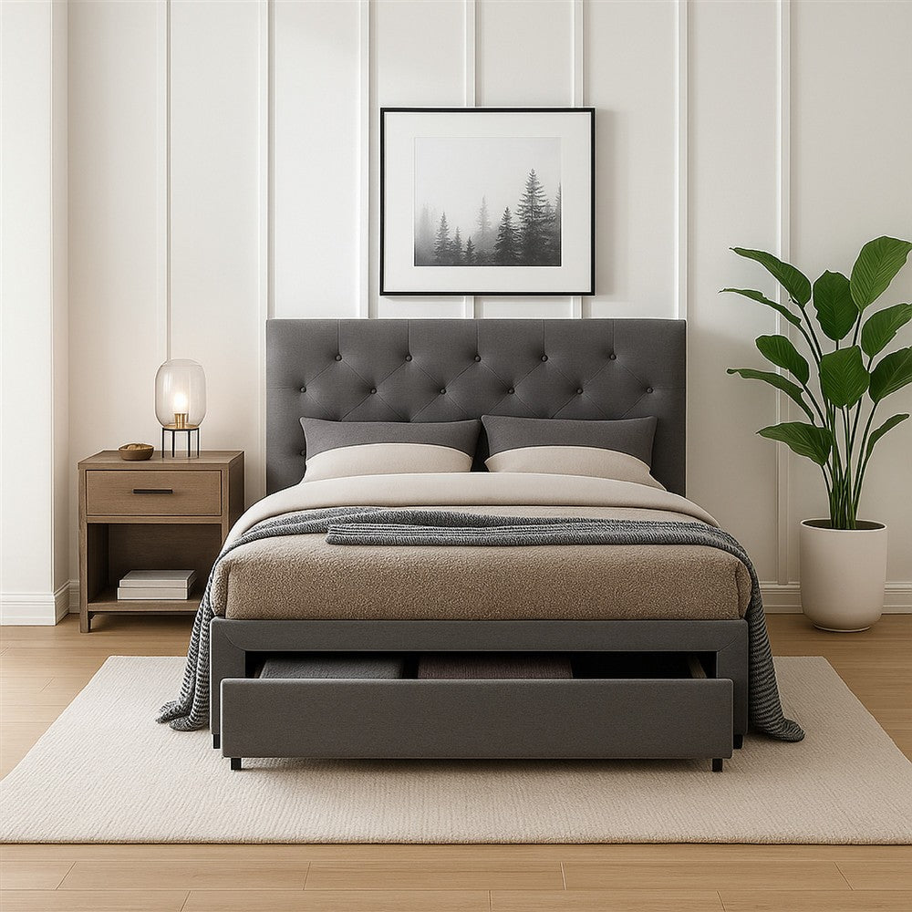 Benjara Sya Full Size Bed w Button Tufted Upholstery, Underbed Storage, Gray
