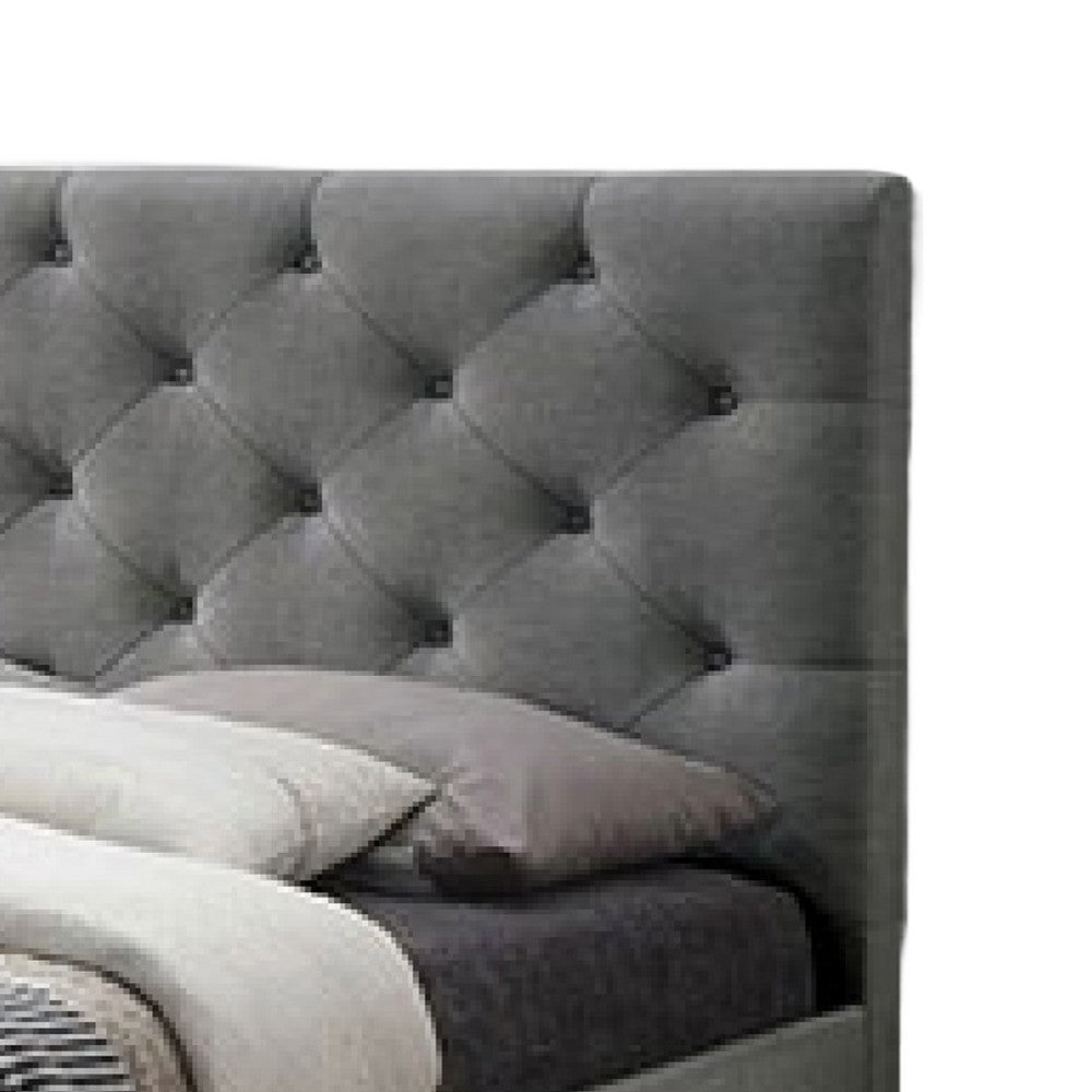Benjara Sya Twin Size Bed w Button Tufted Upholstery, Underbed Storage, Gray