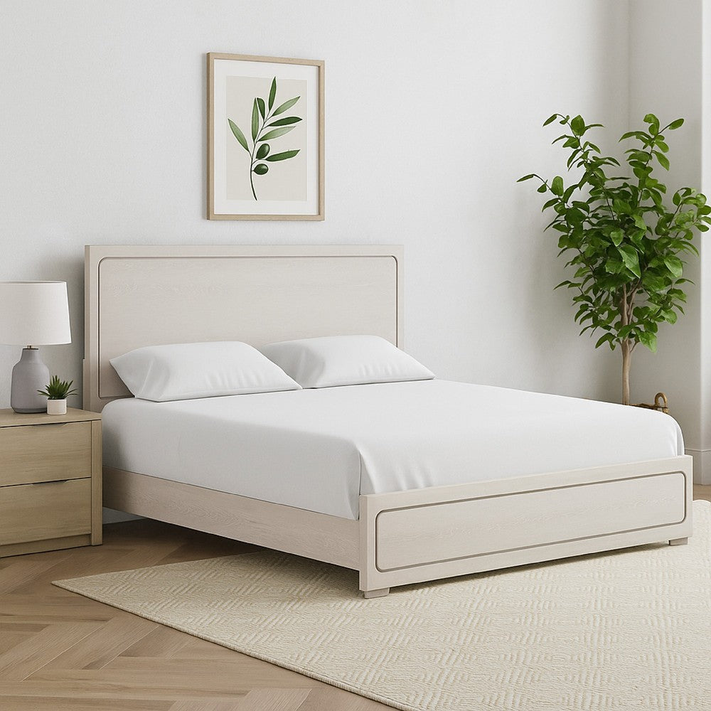 Benjara Thorne Queen Bed, Panel Design, Rounded Edges, White Oak Wood