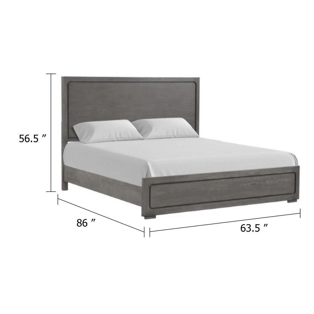 Benjara Thorne Queen Bed, Panel Design, Rounded Edges, Warm Gray Wood