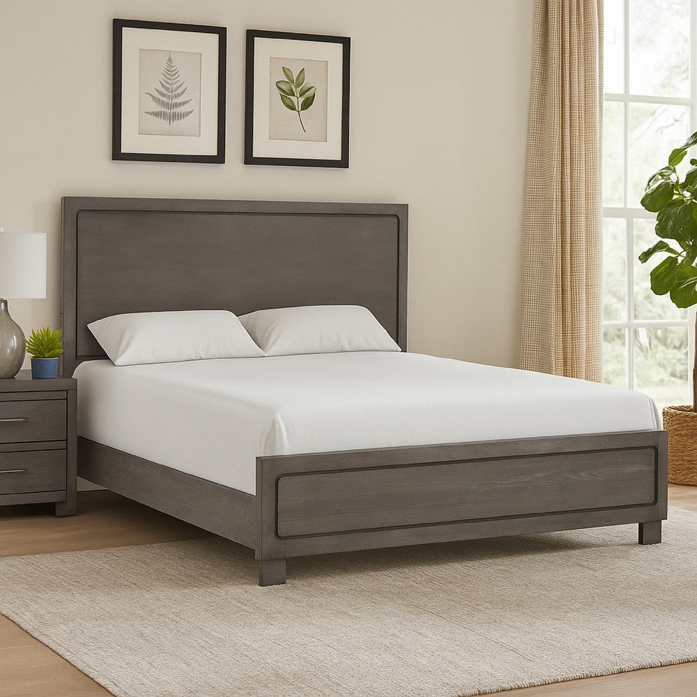 Benjara Thorne Queen Bed, Panel Design, Rounded Edges, Warm Gray Wood