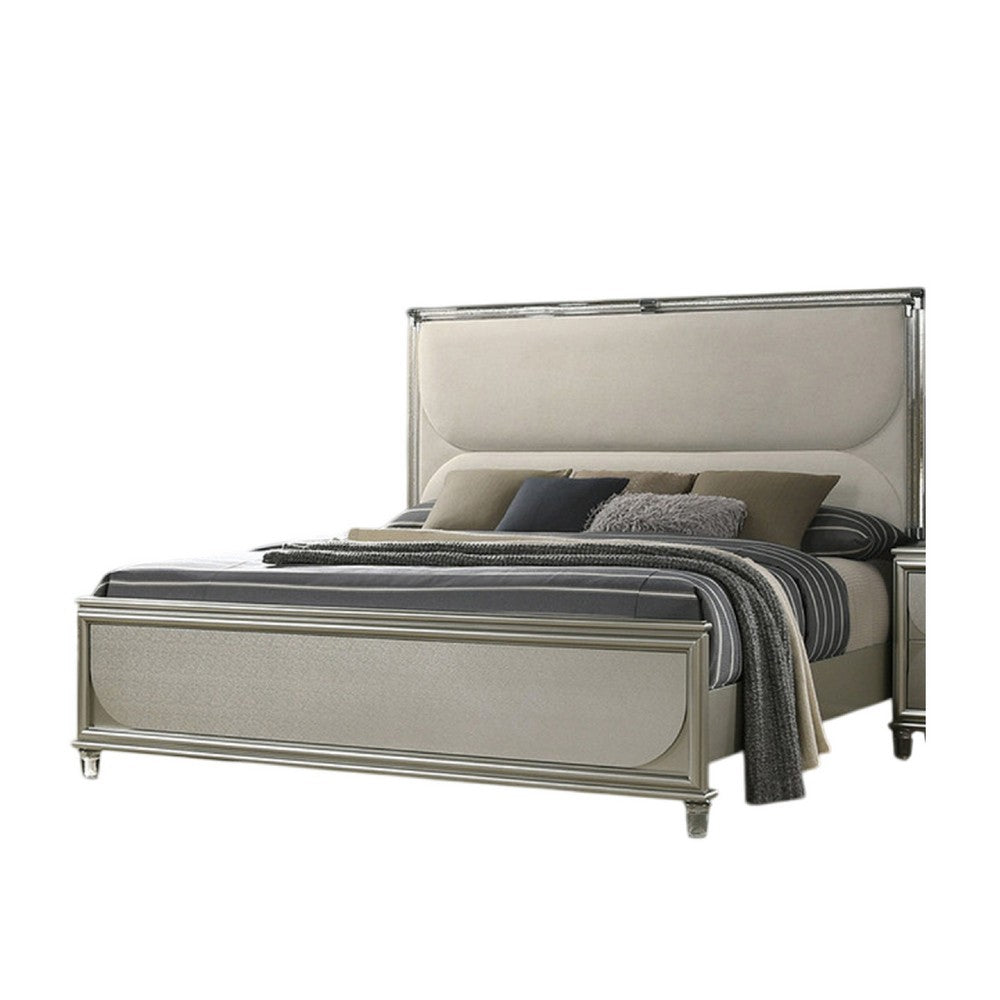 Benjara Zema Queen Bed, Upholstered Headboard w LED, Silver Wood, Acrylic Legs