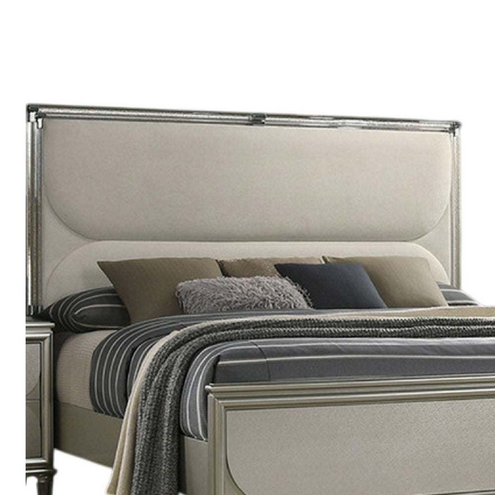 Benjara Zema Queen Bed, Upholstered Headboard w LED, Silver Wood, Acrylic Legs