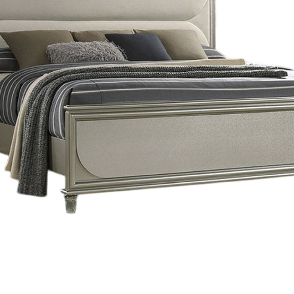 Benjara Zema Queen Bed, Upholstered Headboard w LED, Silver Wood, Acrylic Legs