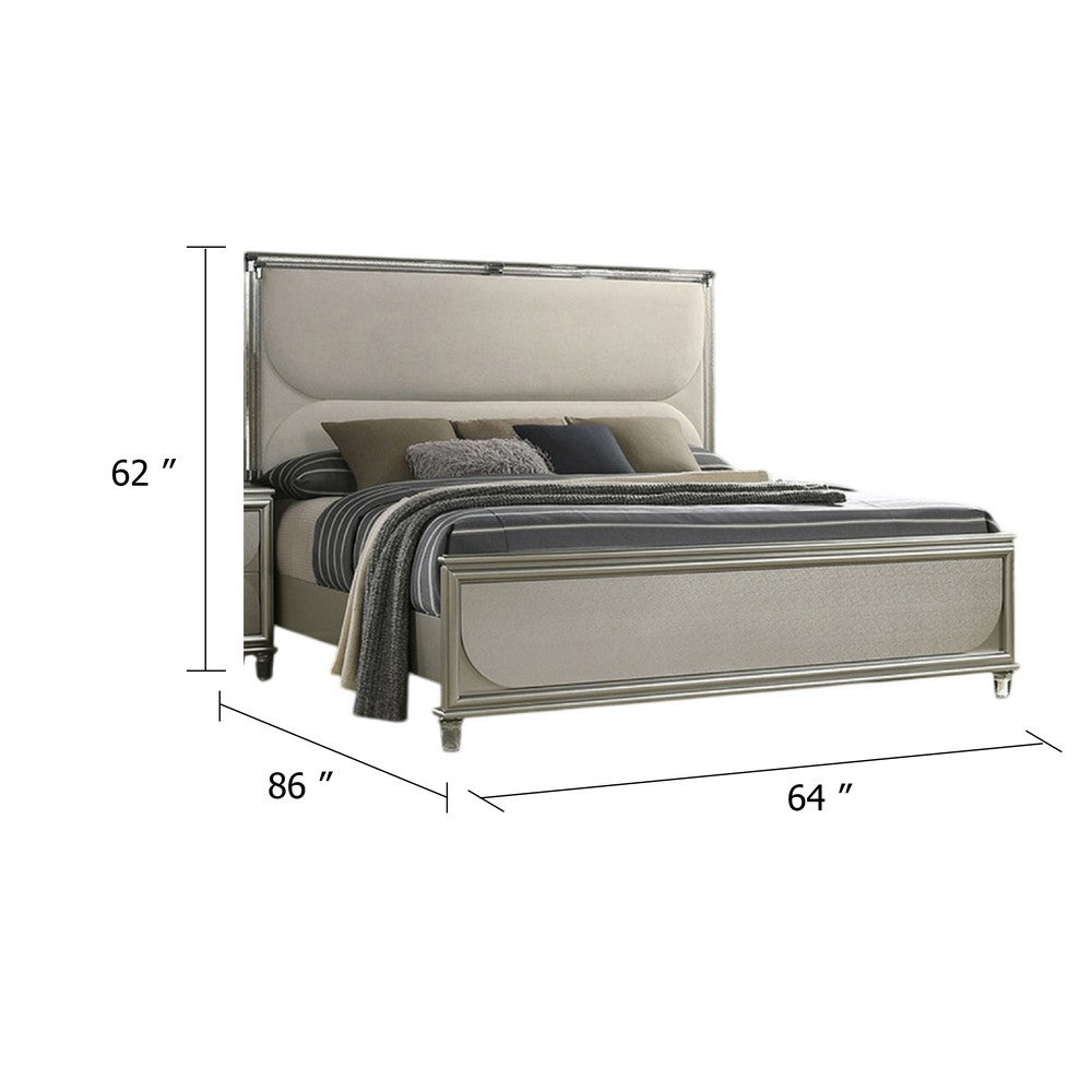 Benjara Zema Queen Bed, Upholstered Headboard w LED, Silver Wood, Acrylic Legs
