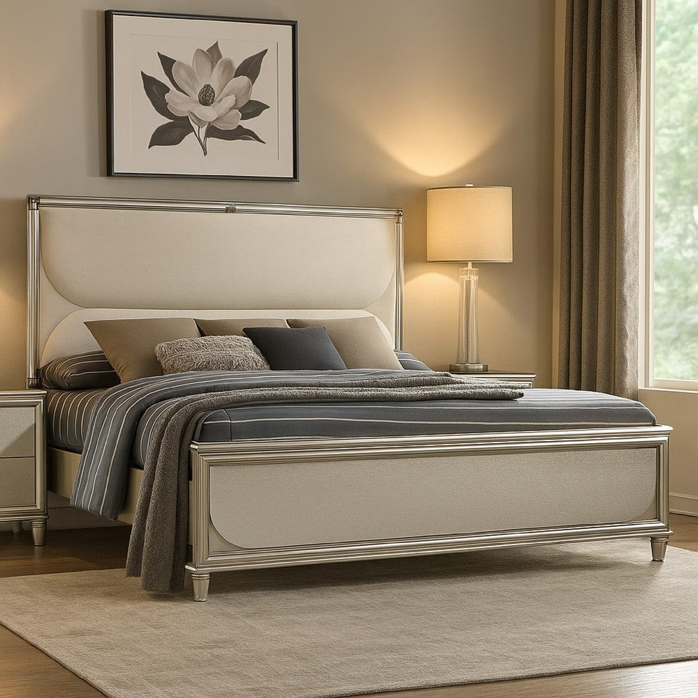 Benjara Zema Queen Bed, Upholstered Headboard w LED, Silver Wood, Acrylic Legs
