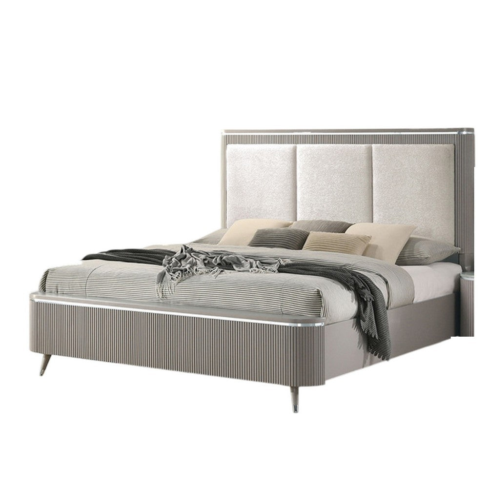 Benjara Gema Queen Bed, Channeled Upholstery, Reeded w Silver Line, Light Gray
