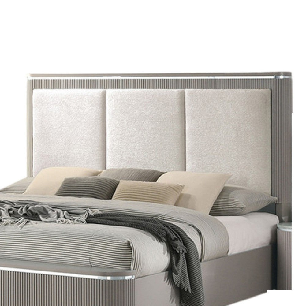 Benjara Gema Queen Bed, Channeled Upholstery, Reeded w Silver Line, Light Gray