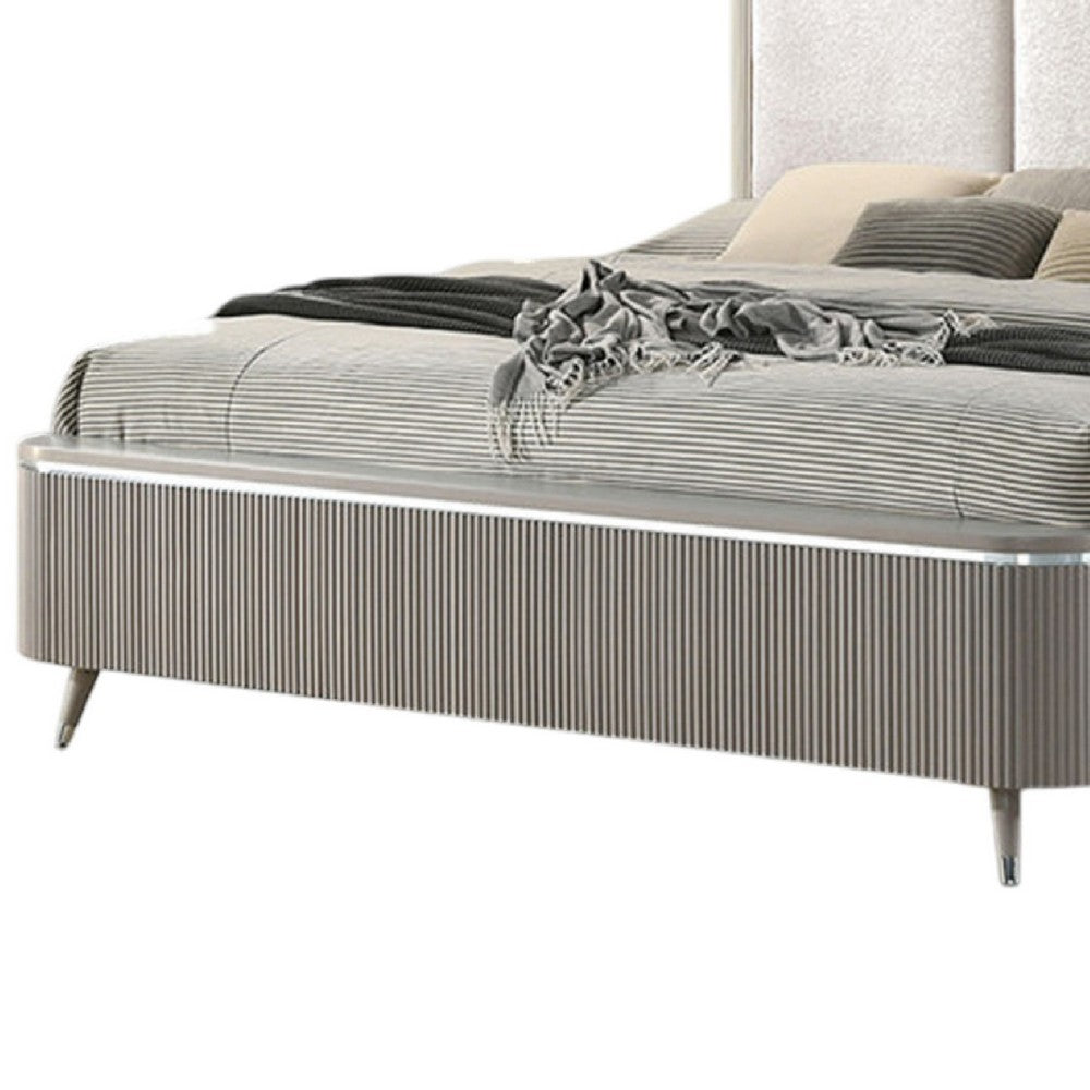Benjara Gema Queen Bed, Channeled Upholstery, Reeded w Silver Line, Light Gray