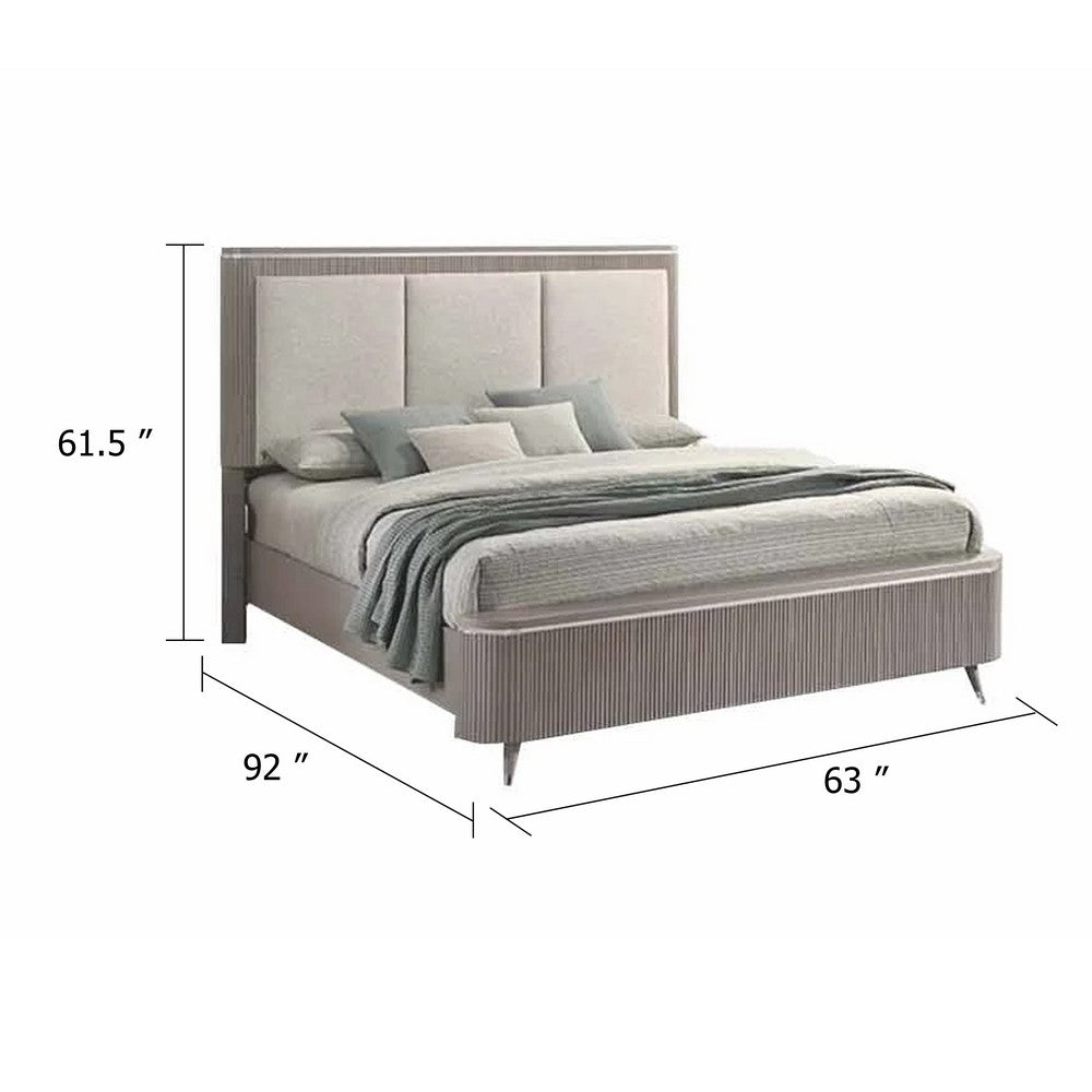 Benjara Gema Queen Bed, Channeled Upholstery, Reeded w Silver Line, Light Gray