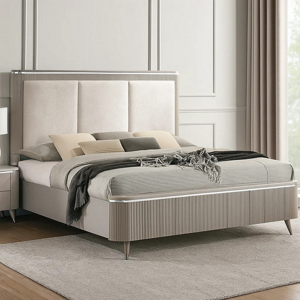 Benjara Gema Queen Bed, Channeled Upholstery, Reeded w Silver Line, Light Gray