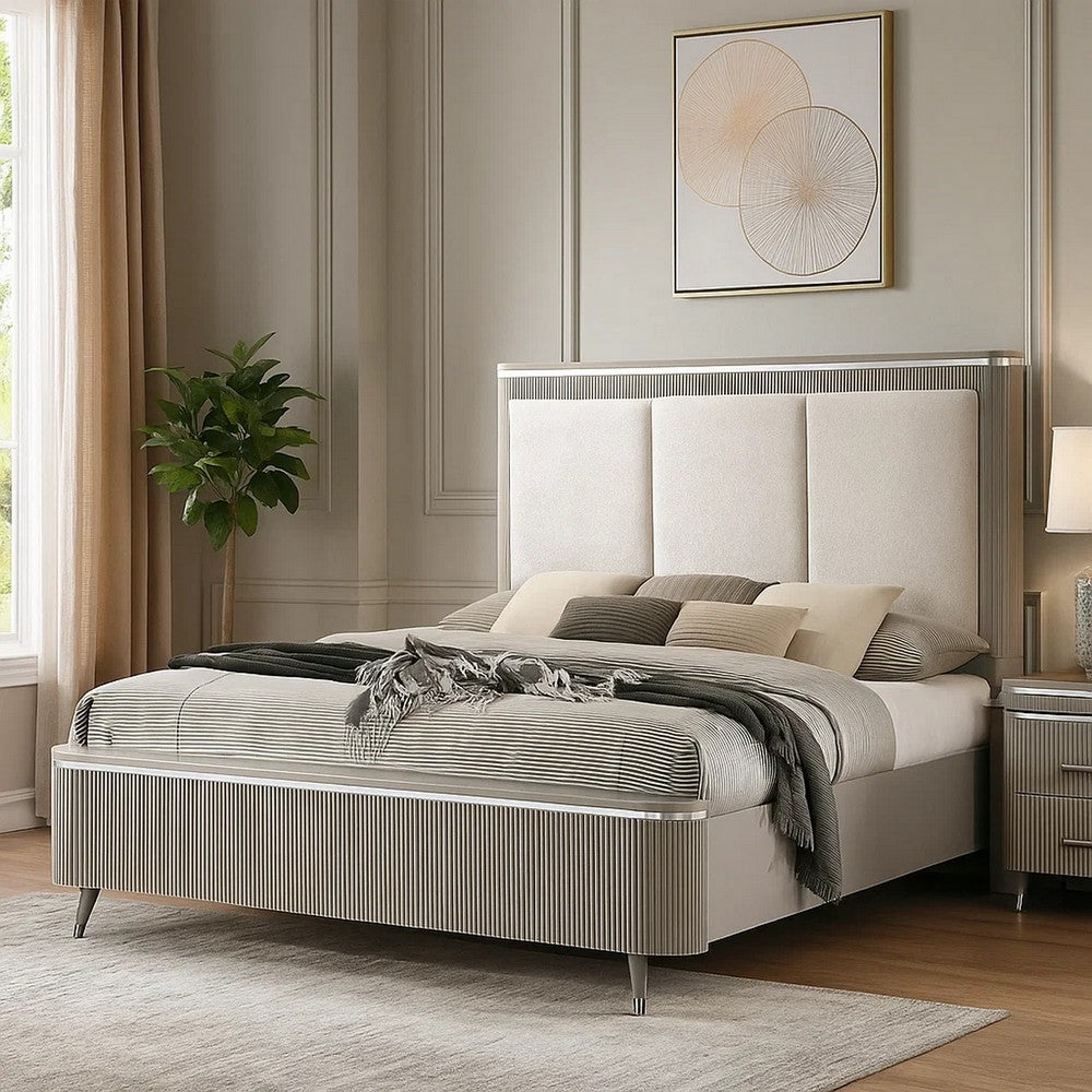 Benjara Gema Queen Bed, Channeled Upholstery, Reeded w Silver Line, Light Gray