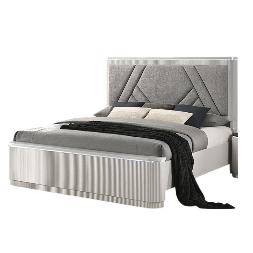 Benjara Alda Queen Bed, Upholstered Geometric Headboard, Light Gray Reeded Wood