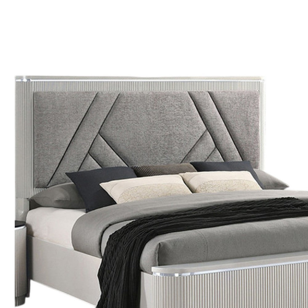 Benjara Alda Queen Bed, Upholstered Geometric Headboard, Light Gray Reeded Wood