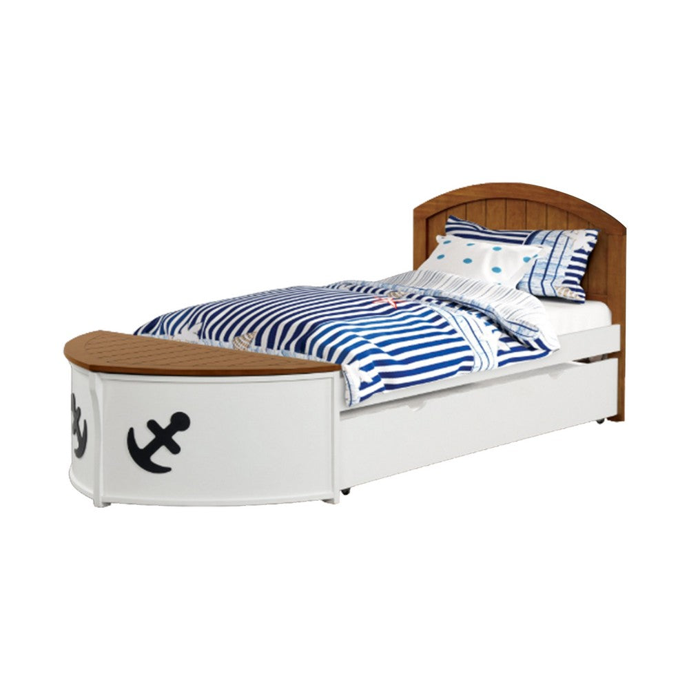 Benjara Evon Twin Captain Bed w Trundle, White, Oak Brown, Nautical Coastal Theme