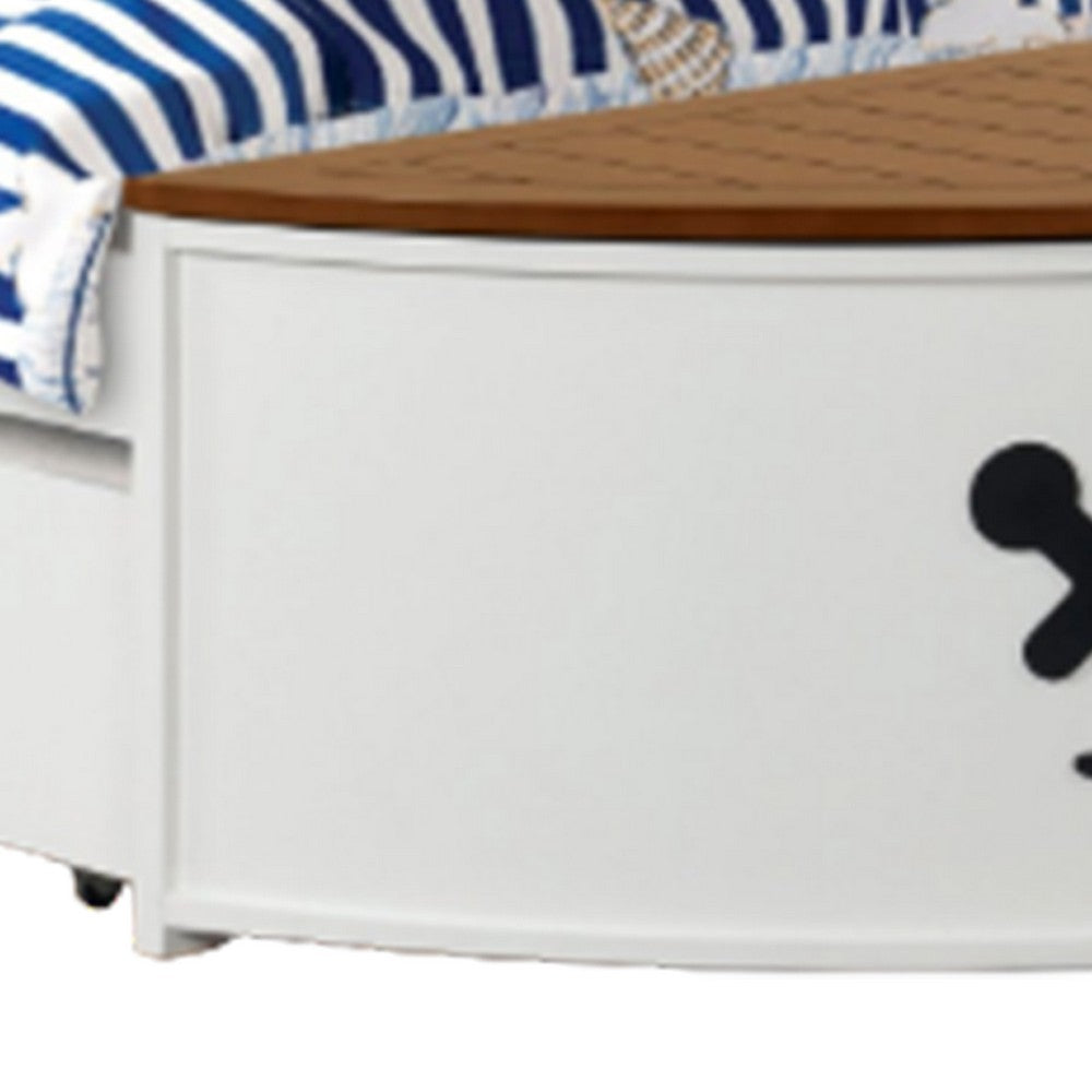 Benjara Evon Twin Captain Bed w Trundle, White, Oak Brown, Nautical Coastal Theme