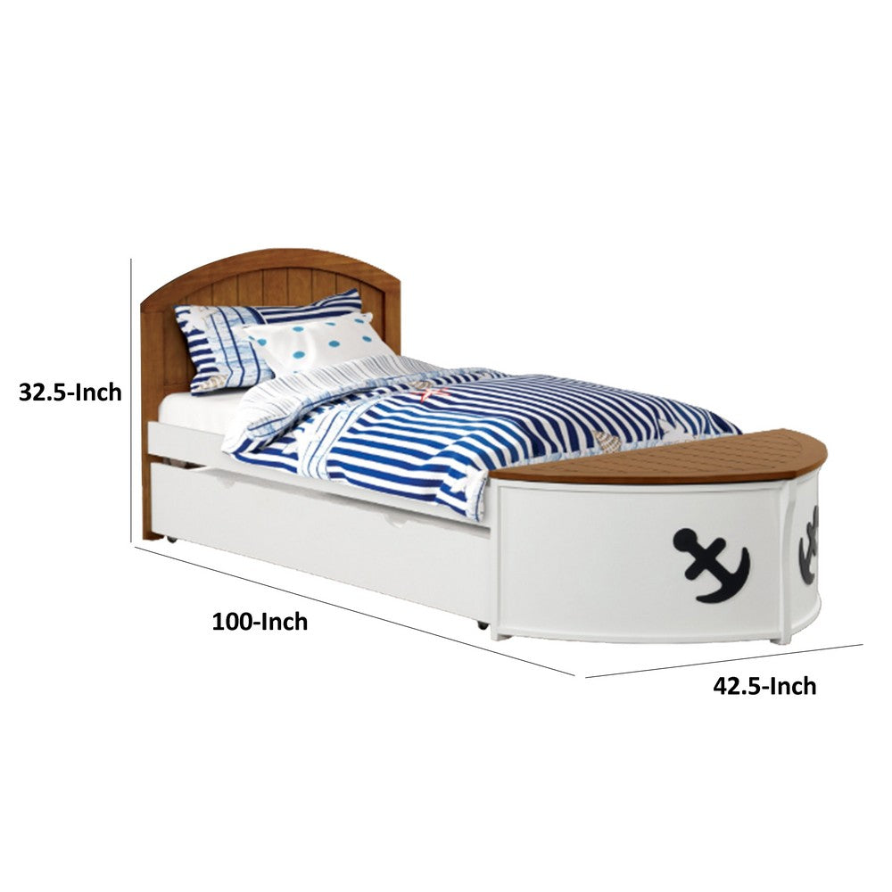 Benjara Evon Twin Captain Bed w Trundle, White, Oak Brown, Nautical Coastal Theme