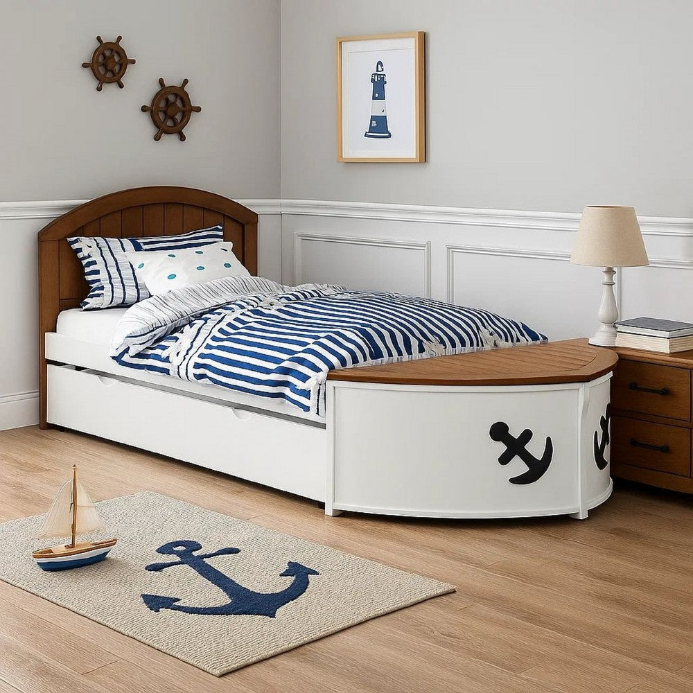Benjara Evon Twin Captain Bed w Trundle, White, Oak Brown, Nautical Coastal Theme