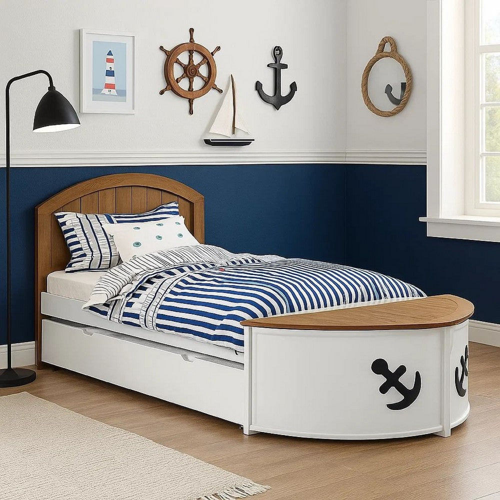 Benjara Evon Twin Captain Bed w Trundle, White, Oak Brown, Nautical Coastal Theme