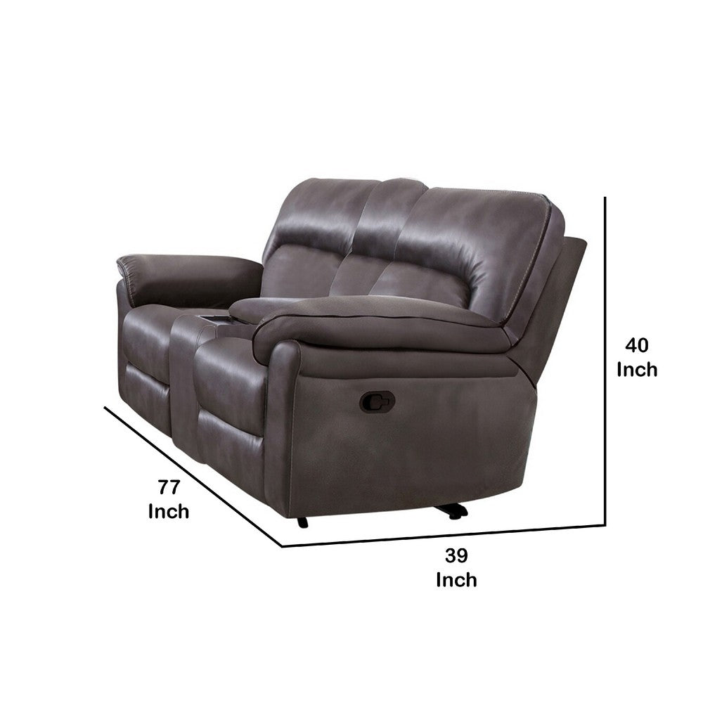 Benjara Josy Manual Recliner Loveseat with Console, Dark Gray Faux Leather, 77 Inch