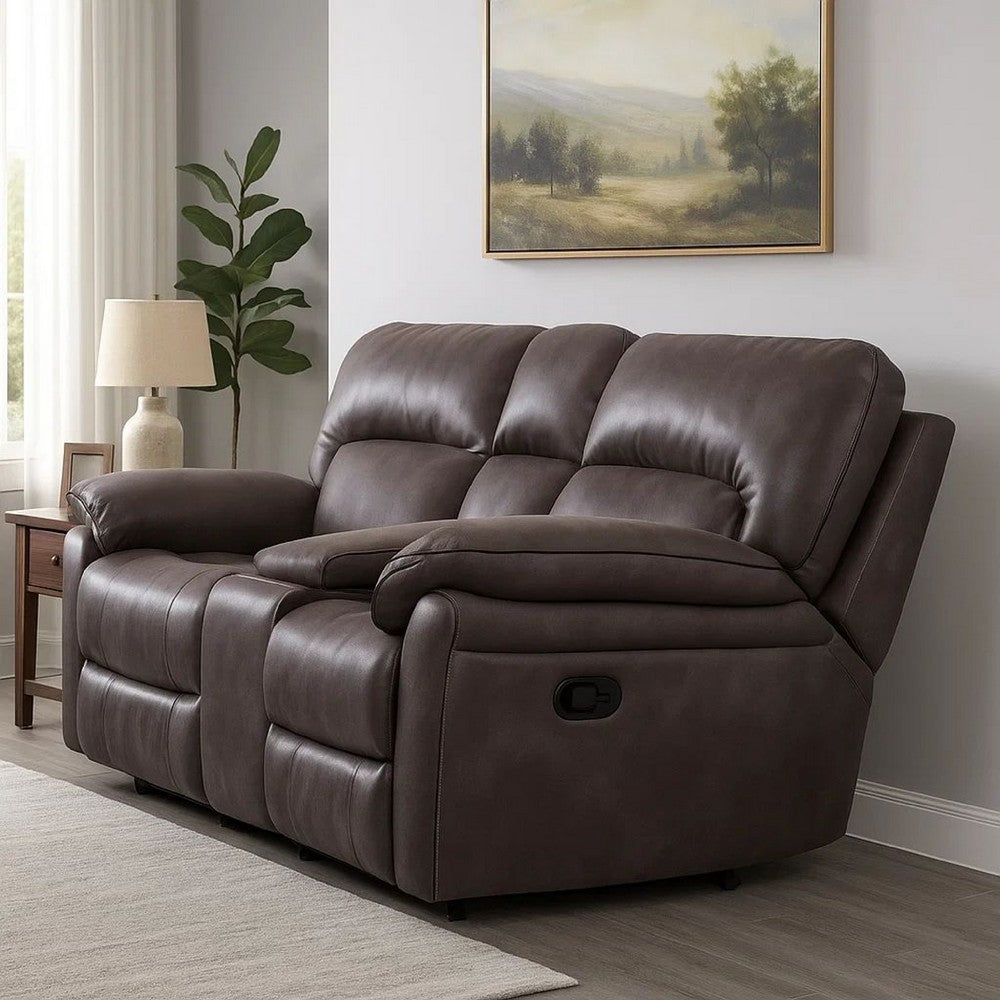 Benjara Josy Manual Recliner Loveseat with Console, Dark Gray Faux Leather, 77 Inch