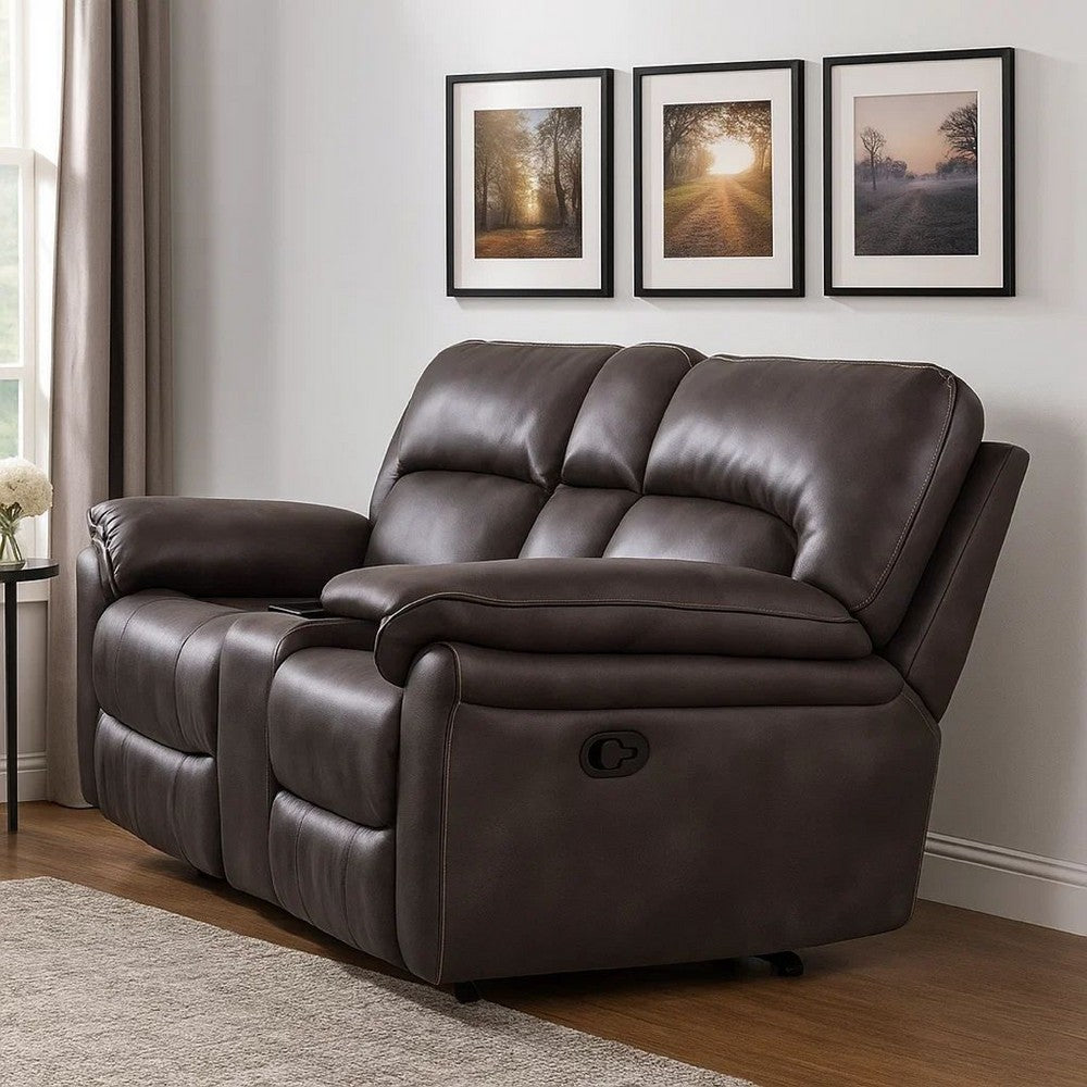 Benjara Josy Manual Recliner Loveseat with Console, Dark Gray Faux Leather, 77 Inch