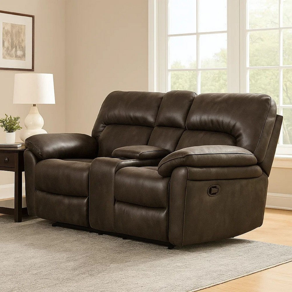 Benjara Josy Manual Recliner Loveseat with Console, Dark Gray Faux Leather, 77 Inch