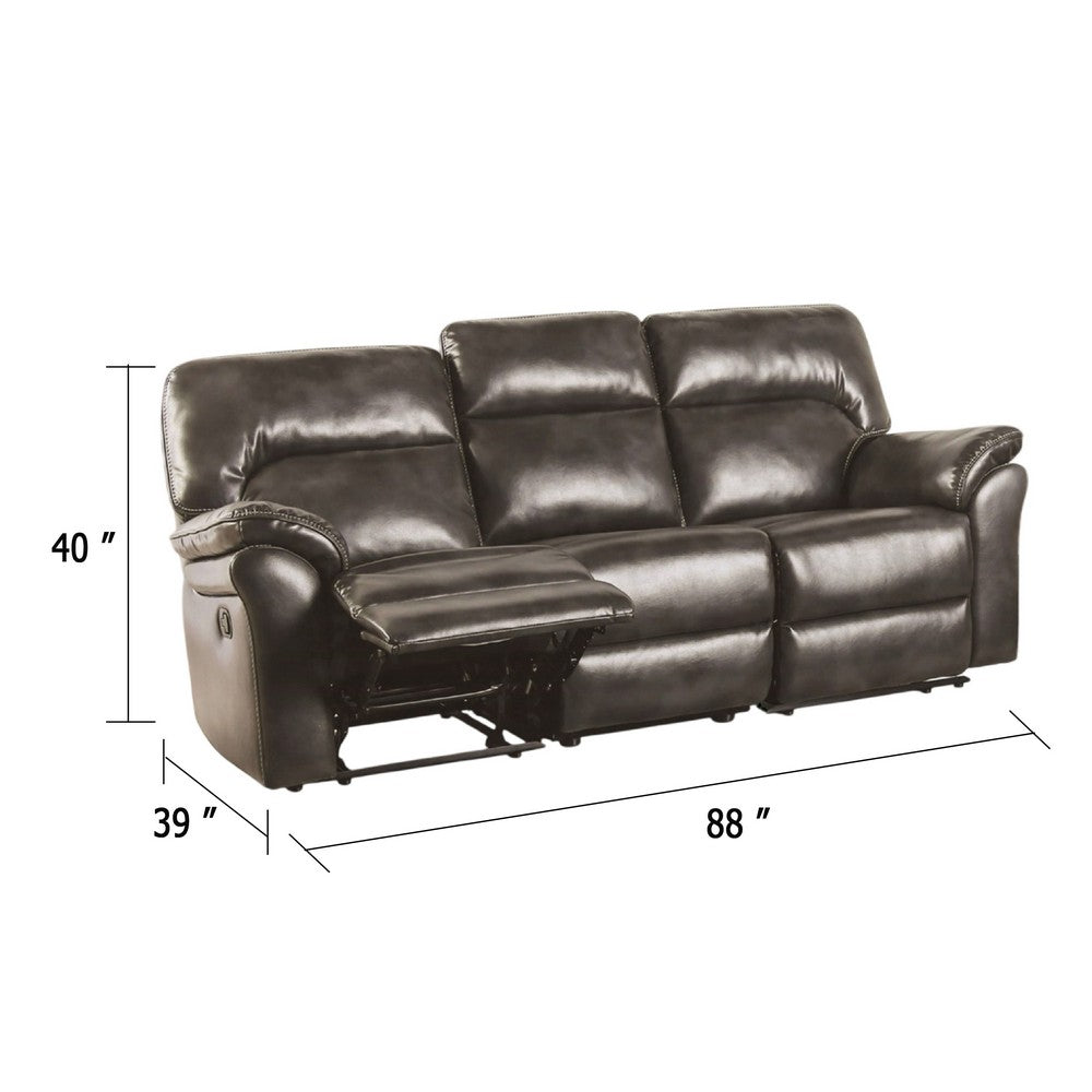 Benjara Josy Manual Recliner Sofa, Pillow Top, Dark Gray Faux Leather, 88 Inch